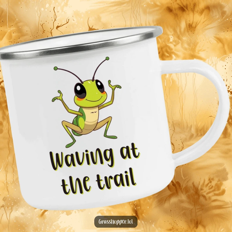 Funny Camping Mug: A grasshopper enthusiastically waving its antenna, ideal for friendly outdoor sips.