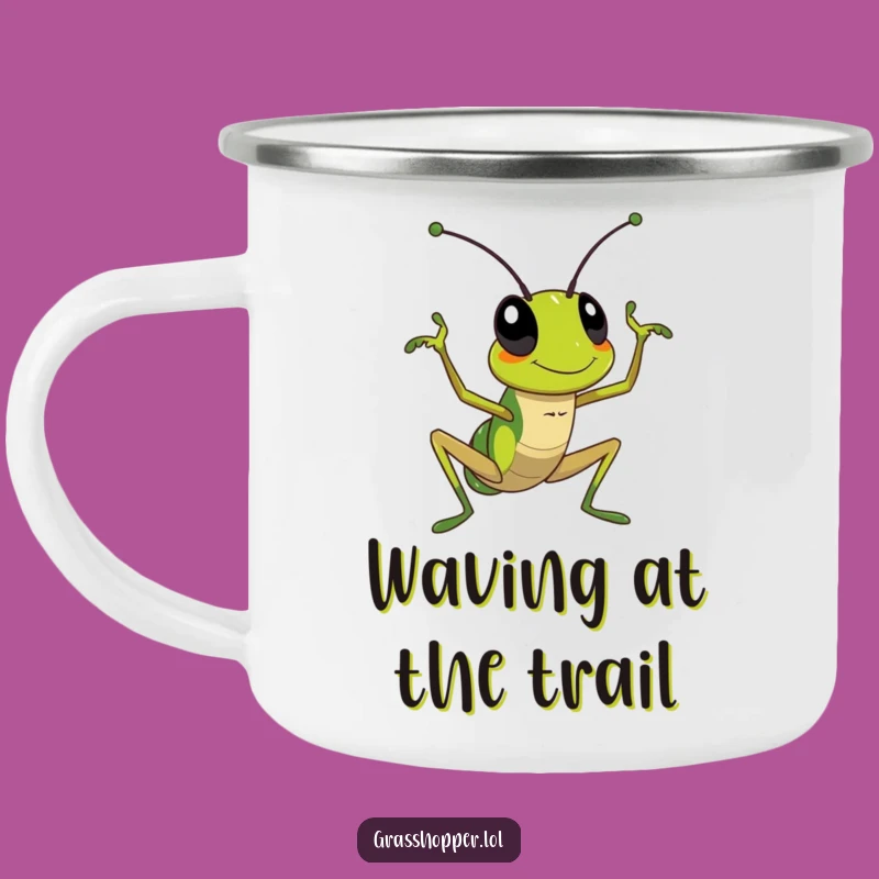 Funny Waving Grasshopper Camping Mug: Sip Your Adventure with a Friendly Hello