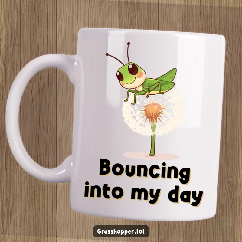 Funny grasshopper mug showing a playful insect bouncing on a dandelion puff, conveying joy and lightheartedness.