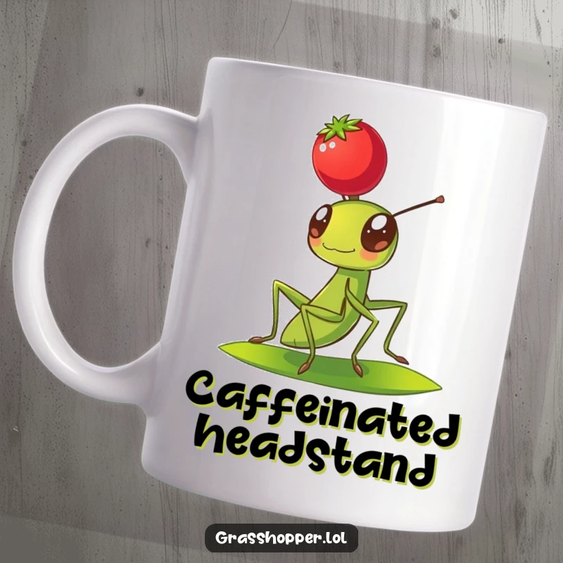 Funny Grasshopper Mug featuring a grasshopper skillfully balancing a red berry on its head, looking focused and cute.
