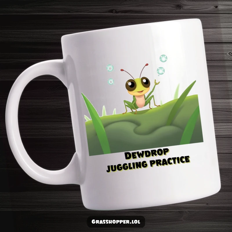 Funny grasshopper with comically wide eyes attempting to juggle several small dewdrops, looking overwhelmed but determined, mug gift.