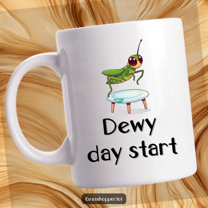 Funny Mug showing a happy grasshopper energetically bouncing on a glistening dewdrop, using it as a miniature trampoline.