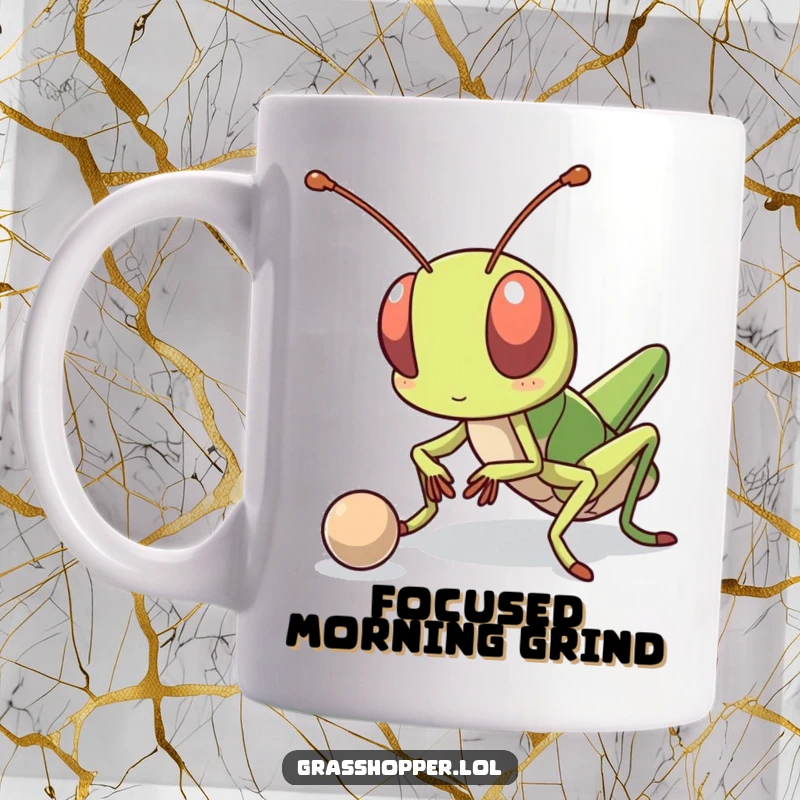 Funny kawaii grasshopper with a determined expression, focused on bouncing a small ball on a mug.