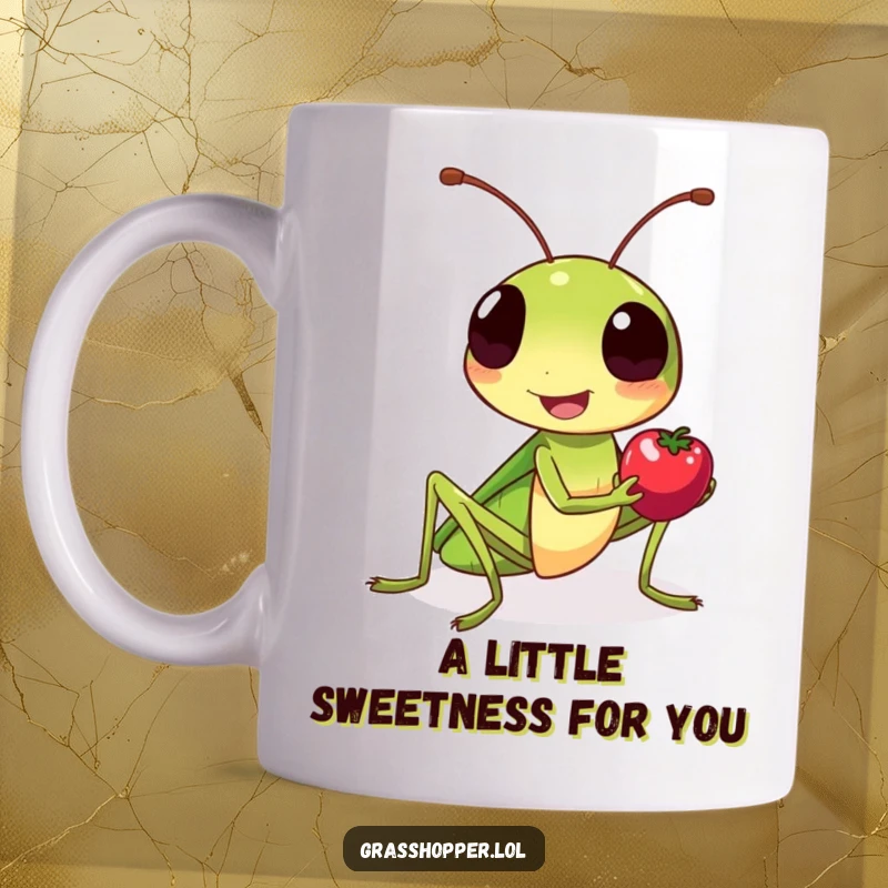Funny grasshopper mug, with a friendly smile, offering a small, red berry to the viewer.
