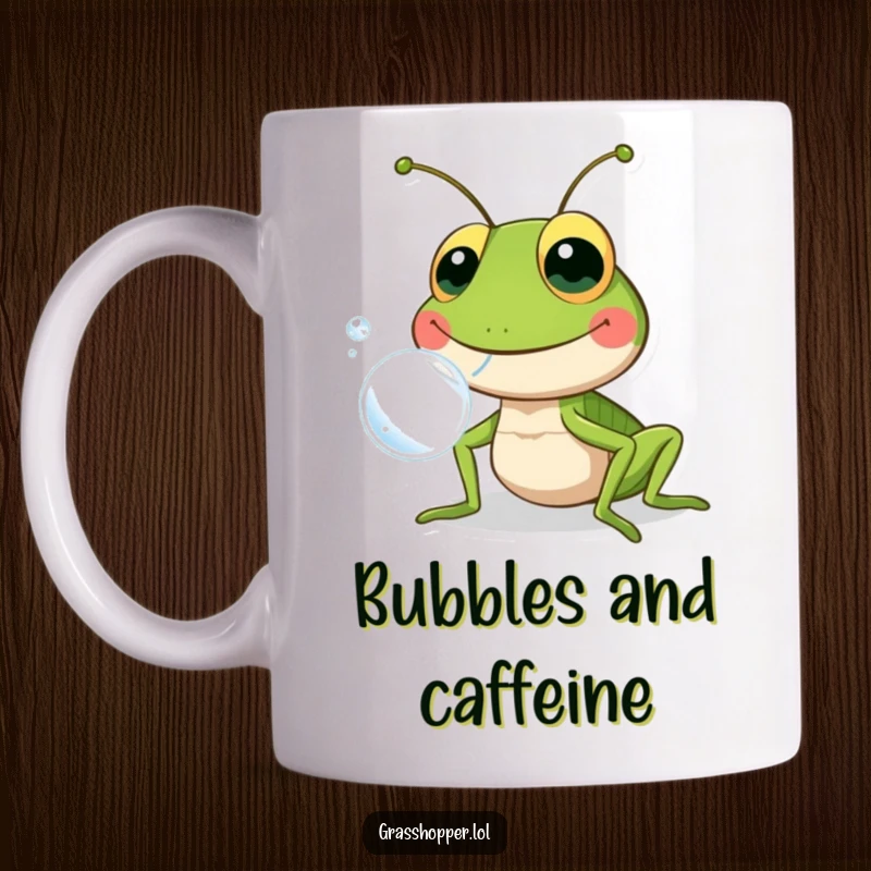 Funny grasshopper with a huge grin, blowing a giant, iridescent bubble, exuding pure joy and playfulness.