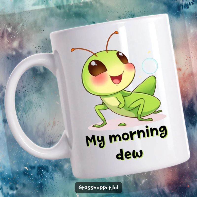 Funny grasshopper mug with a cute insect giggling and blowing a small bubble, showcasing joyful, whimsical humor.