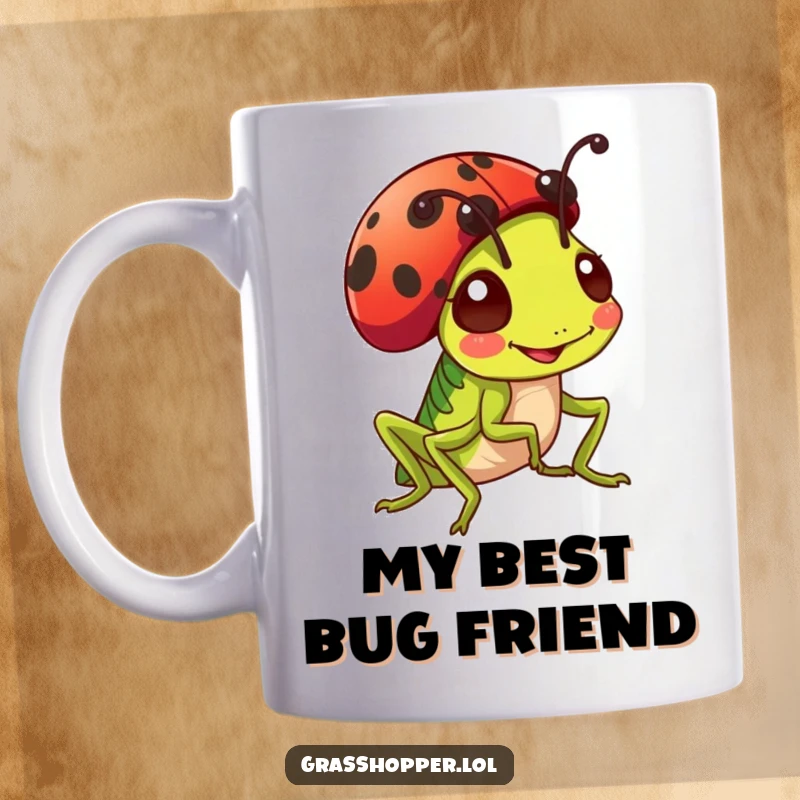 Funny cheerful grasshopper wearing a bright red ladybug as a cute hat, smiling happily, mug gift.