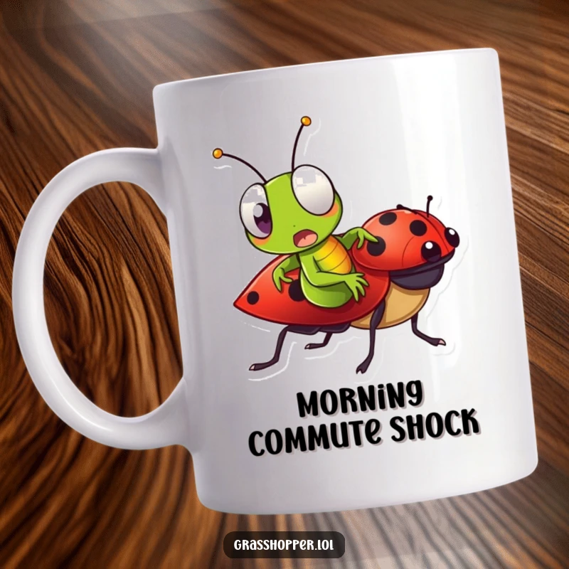 Funny Grasshopper Mug featuring a grasshopper with a comically surprised expression while riding a ladybug.