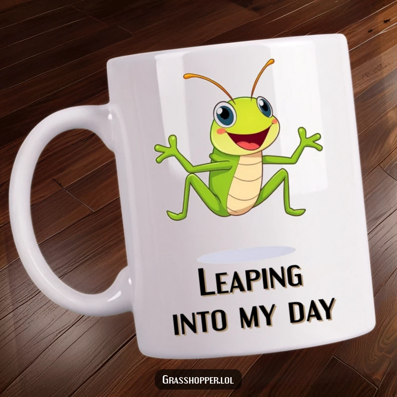 Funny bright green grasshopper with a massive smile joyfully leaping high in the air on this cheerful and hilarious mug.