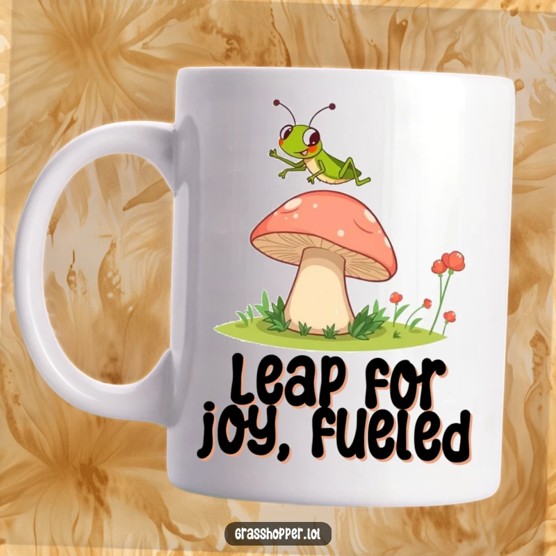 Funny Grasshopper Mug featuring a joyful grasshopper mid-leap over an oversized mushroom, spreading energetic vibes.