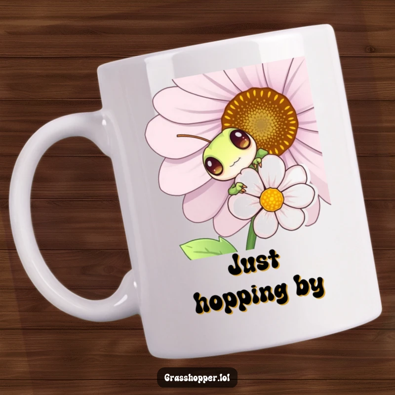 Funny grasshopper peeking from behind a bright flower with big, playful eyes, ceramic coffee mug, cute insect illustration.