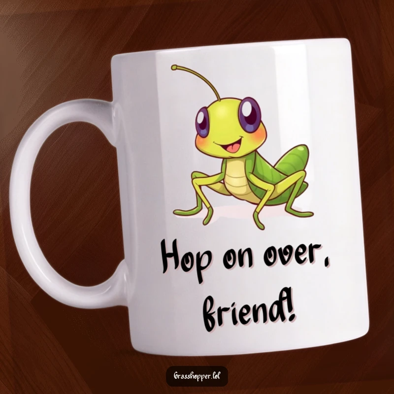 Funny grasshopper mug featuring a big smiling, cheerful insect extending a friendly invitation to another. Perfect for insect lovers and funny gift seekers.