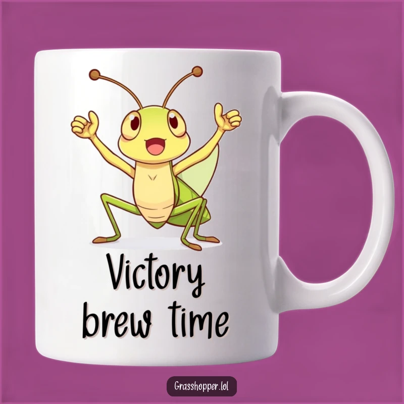 Funny Grasshopper Victory Cheer Mug: Celebrate Small Wins with Joyful Character