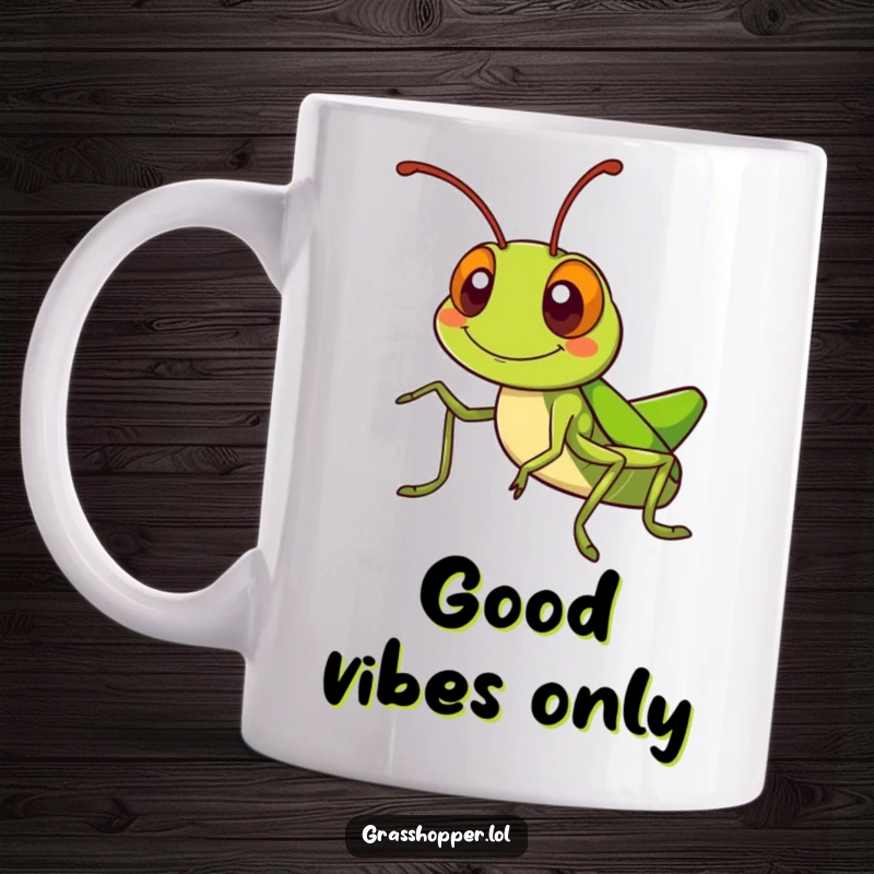 Kawaii grasshopper mug with a silly grin, happily waving its antennae, radiating cheerful and cute vibes.