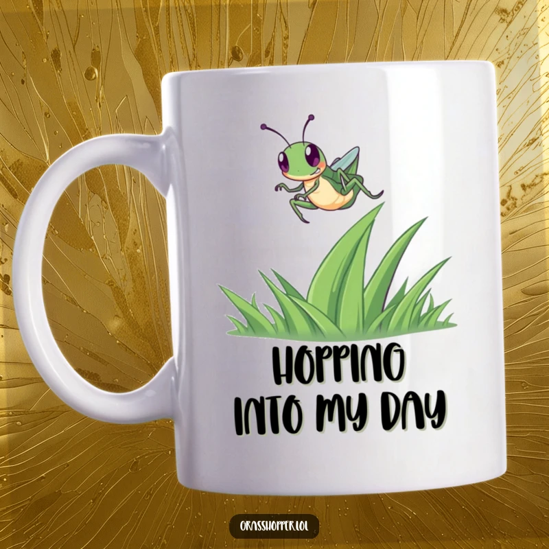 Funny Grasshopper Mug depicting a happy grasshopper in mid-air, joyfully leaping over a blade of grass, embodying pure exhilaration.