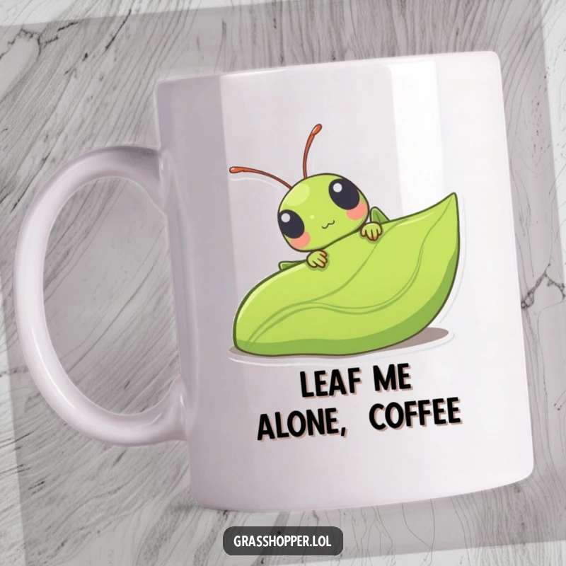 Funny kawaii grasshopper peeking from behind a big green leaf, looking cute and shy on this delightful mug.