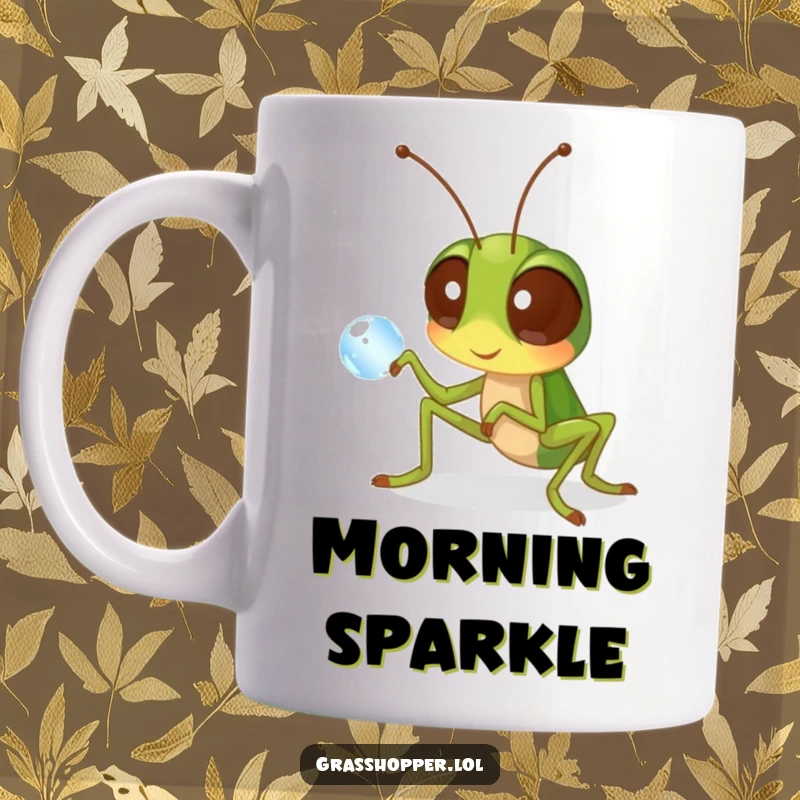 Funny grasshopper mug showing a bug with wide, curious eyes intently examining a tiny dewdrop, a humorous nature moment.