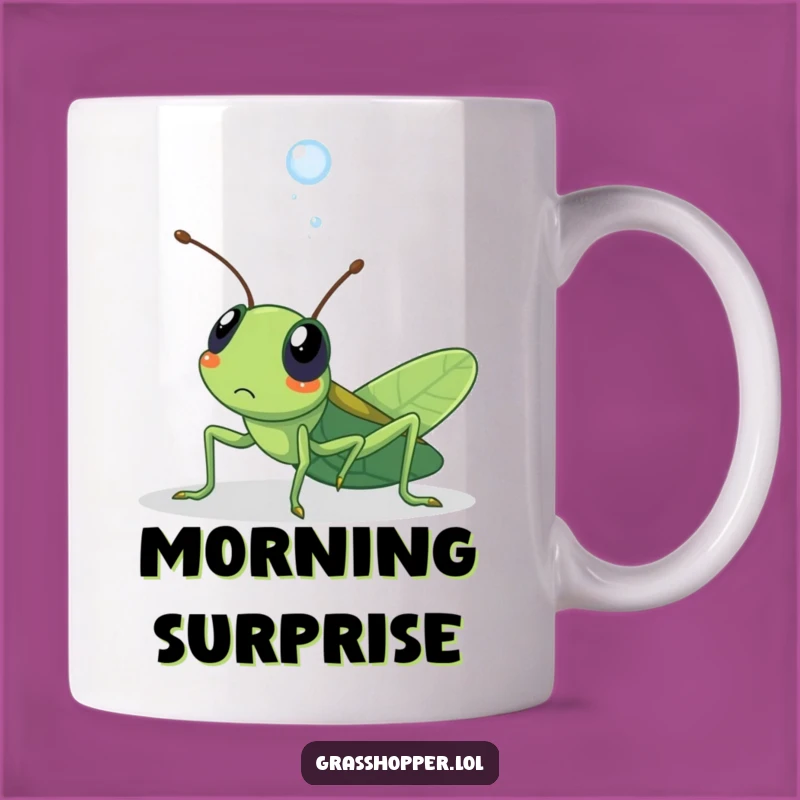 Funny Surprised Grasshopper Mug: Dewdrop Surprise, Cute Kawaii Gift!