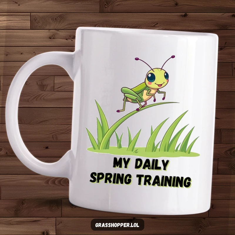 Funny kawaii grasshopper happily bouncing high on a vibrant green springy blade of grass, exuding pure joy and energy, perfect mug gift.