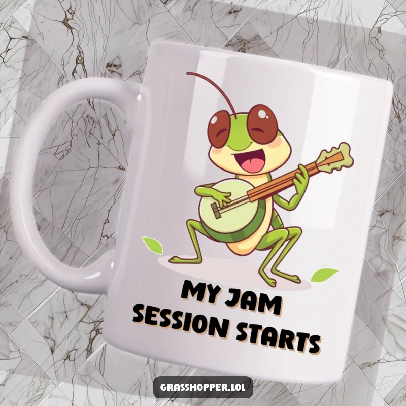 Funny grasshopper character excitedly playing a tiny leaf banjo on this mug, a musical funny gift.