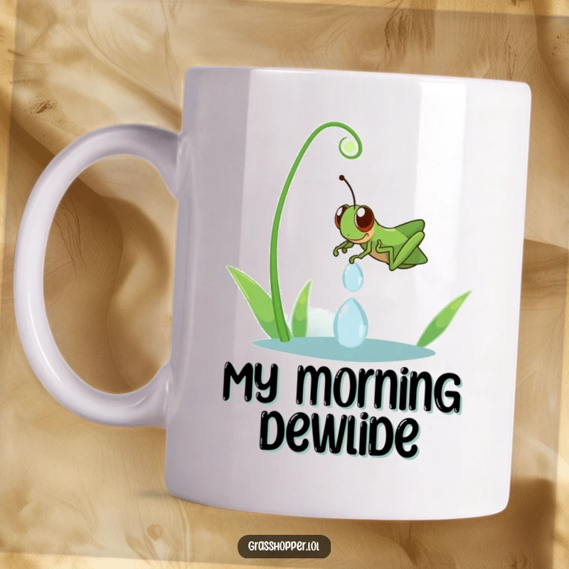 Funny grasshopper gleefully sliding down a sparkling dewdrop on a leaf, capturing a moment of pure, unadulterated fun.