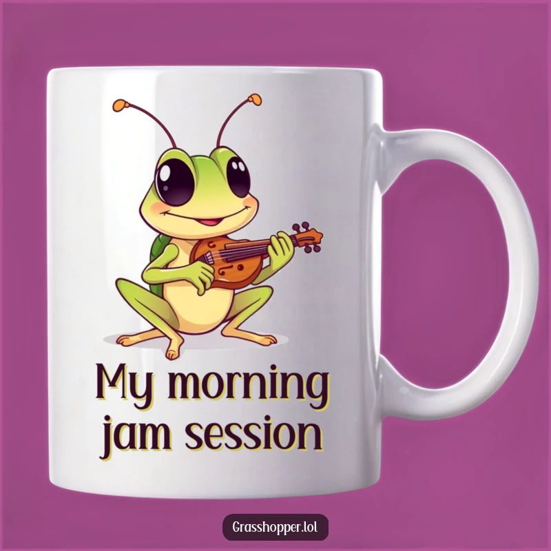 Funny Grasshopper Violin Mug: Cheerful Grin, Tiny Instrument Humor Gift