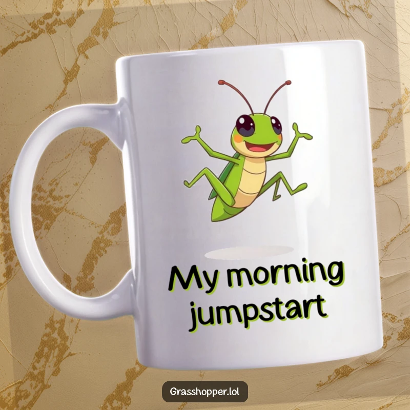 Funny Kawaii Grasshopper Mug: A cheerful insect leaping high with pure joy, ready to start the day with energy.