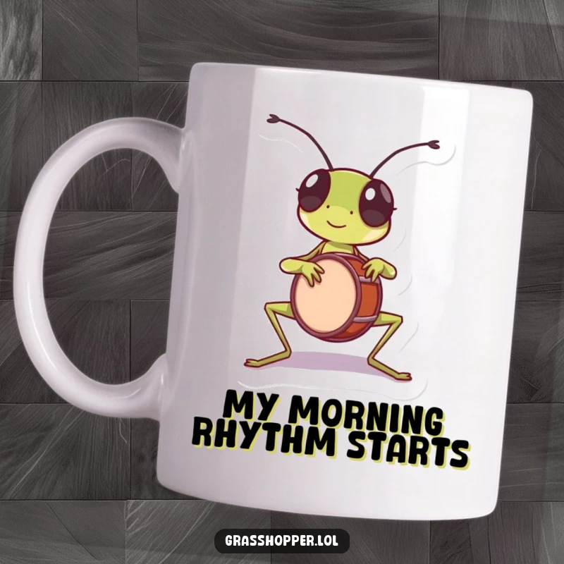 Funny grasshopper mug, energetically playing a tiny drum with its front legs, keeping a lively beat.