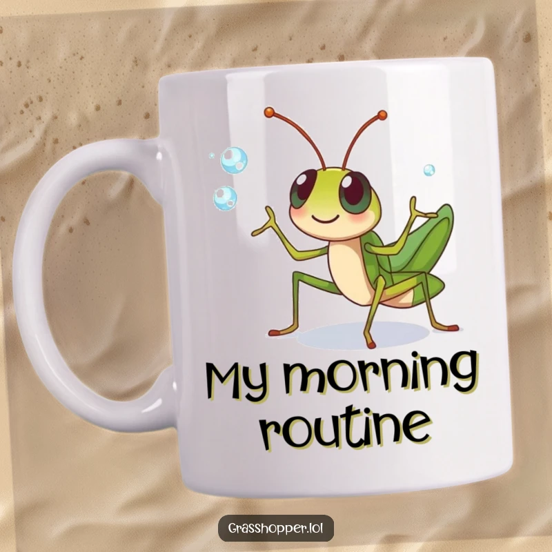 Funny grasshopper character cheerfully juggling dewdrops with its legs on this mug, a refreshing funny gift.