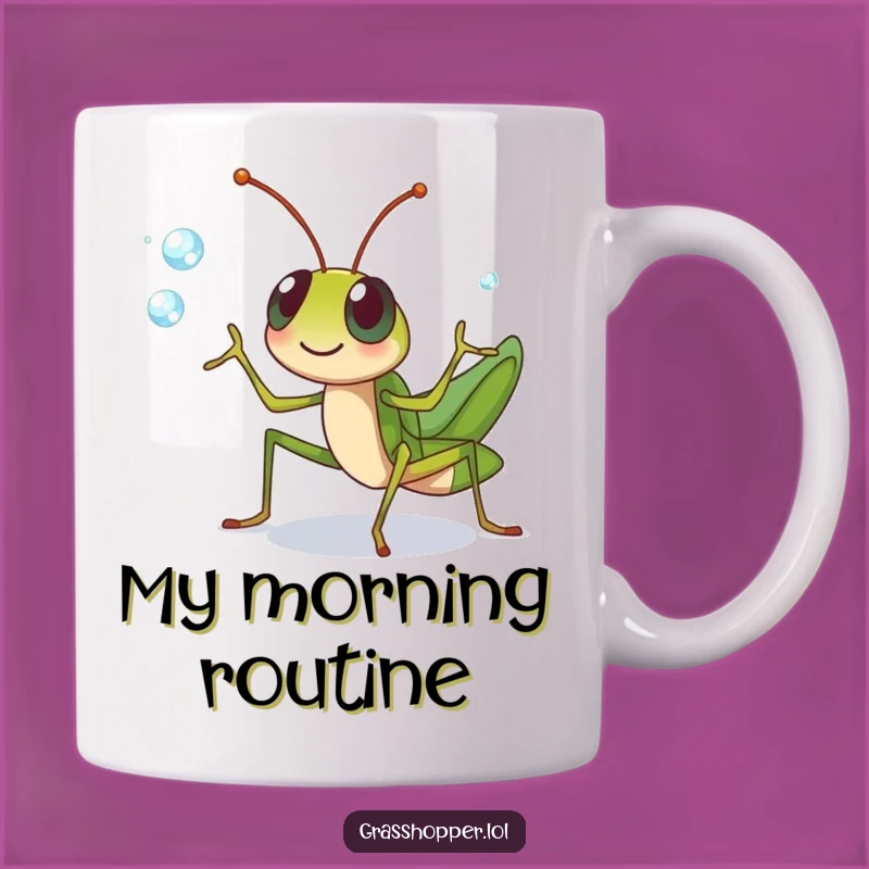 Funny Grasshopper Juggling Mug: Dewdrop Delights, Perfect Funny Gift!