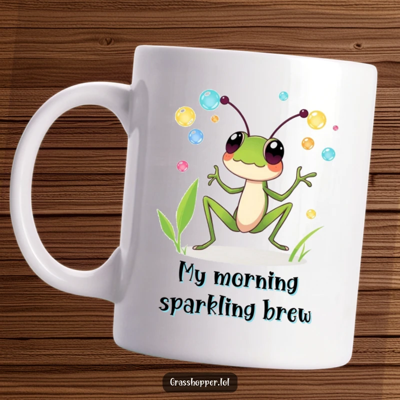 Funny mug featuring a grasshopper joyfully juggling colorful dewdrops, embodying playful skill and delight.