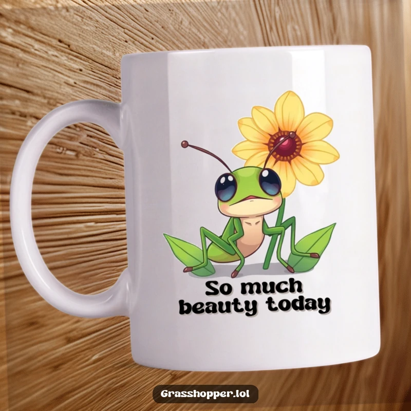 Funny grasshopper mug, eyes wide with awe, looking up at a large, magnificent, vibrant flower.