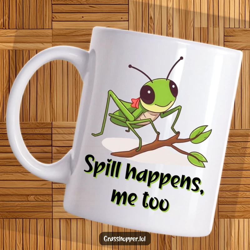 Funny Grasshopper Mug showing a grasshopper comically tripping over a minuscule twig, full of slapstick humor.