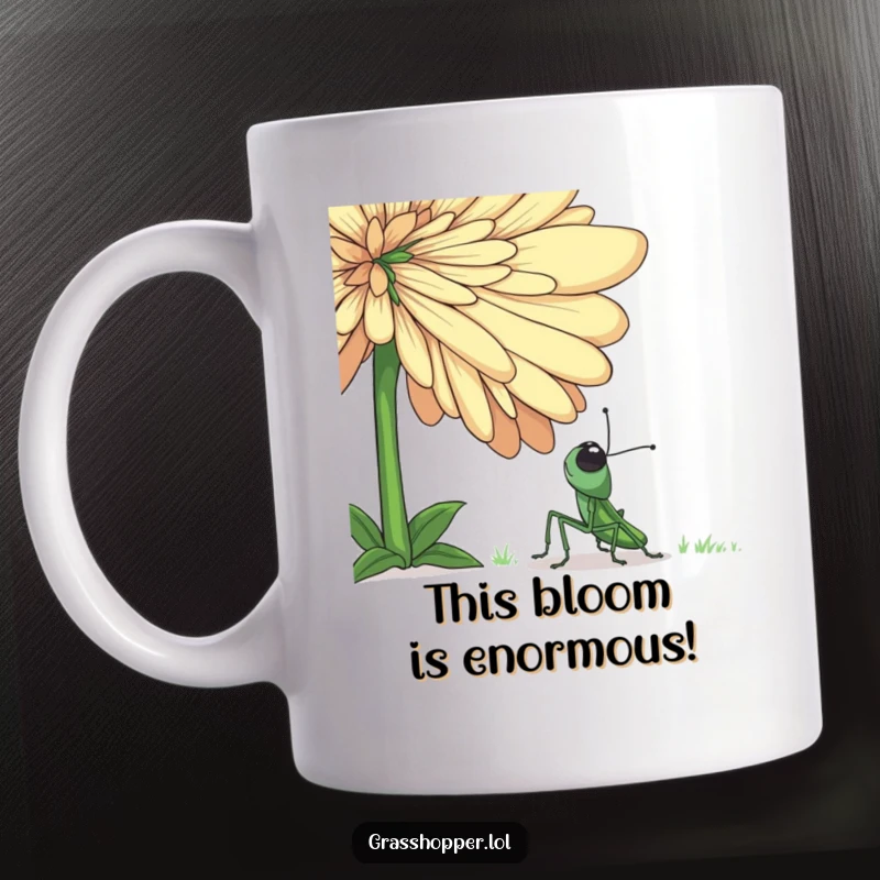 Funny grasshopper mug depicting a tiny insect gazing in awe at a colossal, vibrant flower, showcasing pure wonder and curiosity.