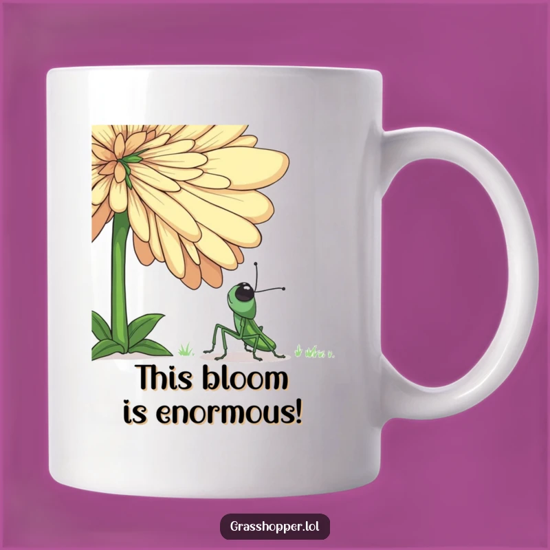 Funny Grasshopper Amazed by Giant Flower Mug - Whimsical Nature Gift Coffee Cup