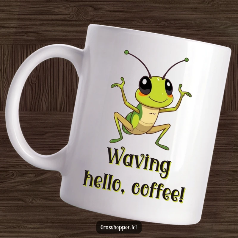 Funny Mug: A green grasshopper happily waving one of its prominent antennae with enthusiasm.