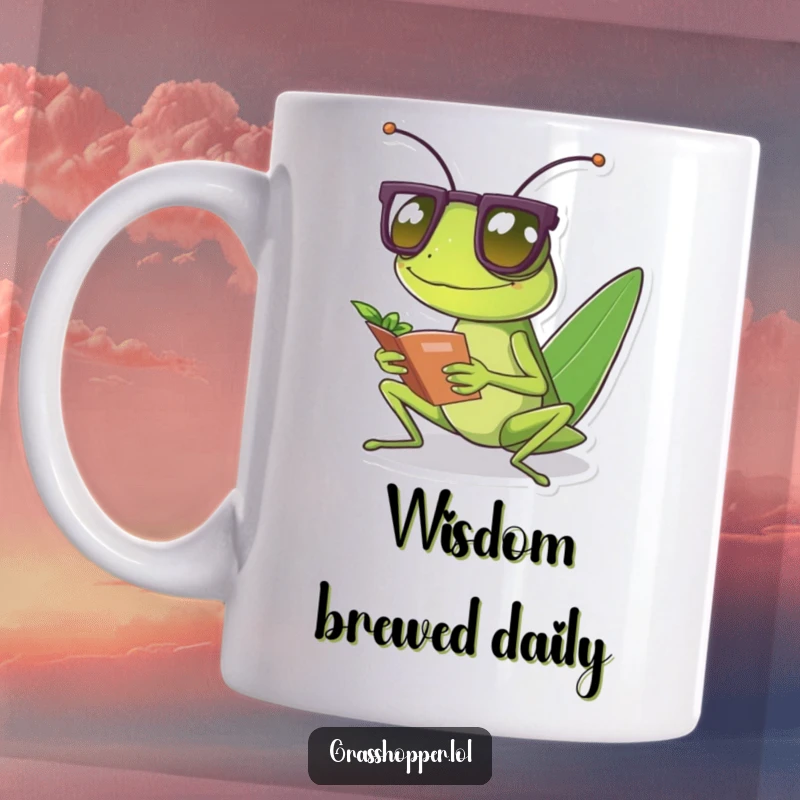 Funny grasshopper wearing tiny spectacles, intently reading a small leaf, captured on a humorous mug.