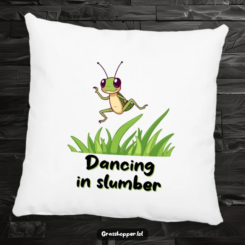 Funny grasshopper character dances energetically on a blade of grass on this pillow, a soft funny gift.