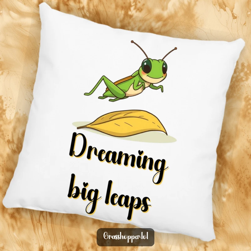 Funny grasshopper joyfully leaping over a fallen leaf on a soft pillow, cute and energetic cushion gift.