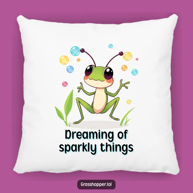 Funny Grasshopper Pillow: Juggling Dewdrops, Cozy Whimsical Humor Cushion