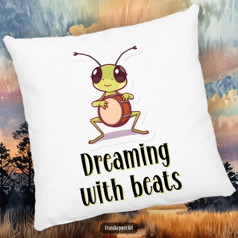 Funny grasshopper pillow, energetically playing a tiny drum with its front legs, bringing rhythm to relaxation.