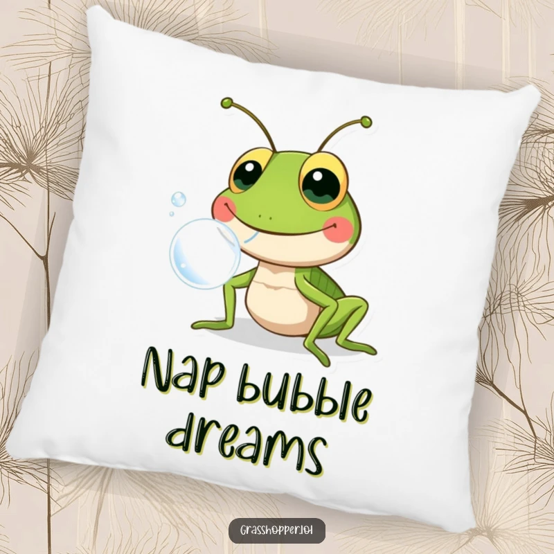 Funny grasshopper with a wide smile, blowing a large bubble, depicted on a soft pillow, ideal for adding humor to comfort.