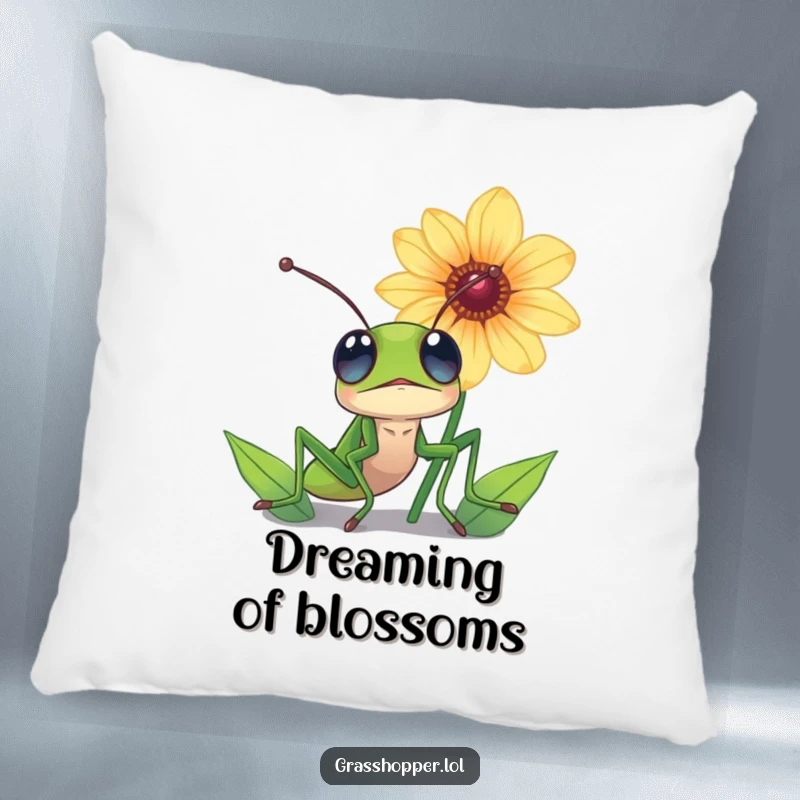 Funny grasshopper pillow, with wide, curious eyes, looking up in wonder at a beautiful, large flower.