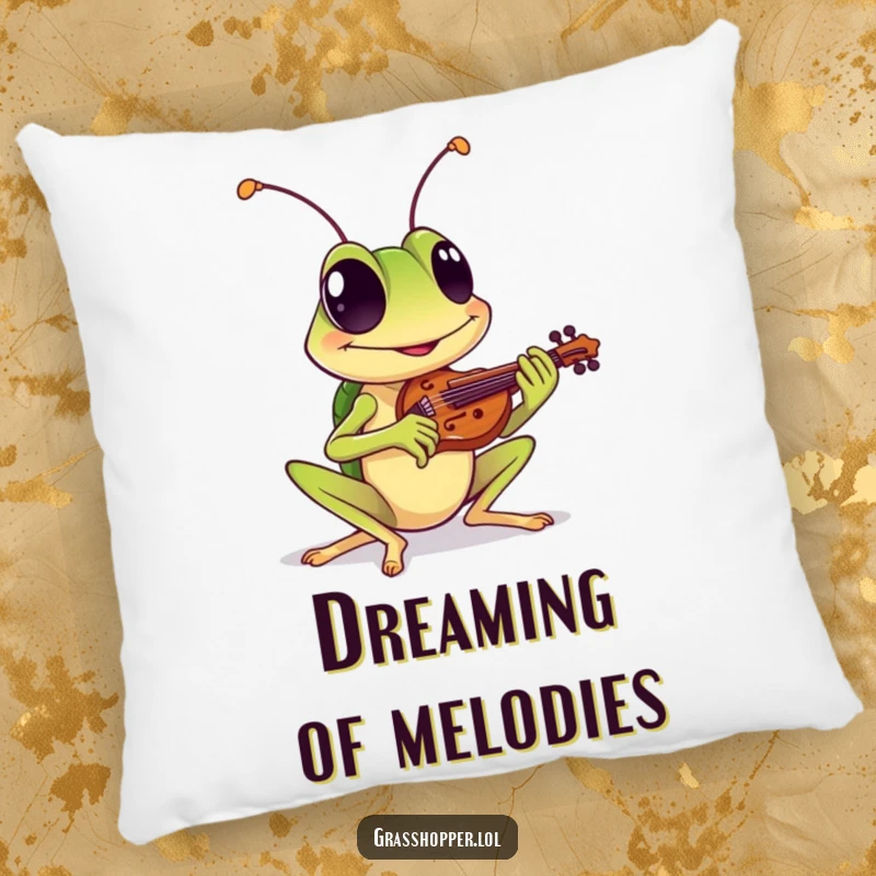 Funny pillow featuring a grasshopper with a cheerful grin playing a tiny violin, perfect for cozy comfort and funny gift decor.