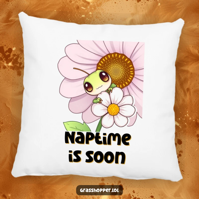 Funny grasshopper peeking from behind a flower, soft decorative pillow, cute insect accent, playful home furnishing.