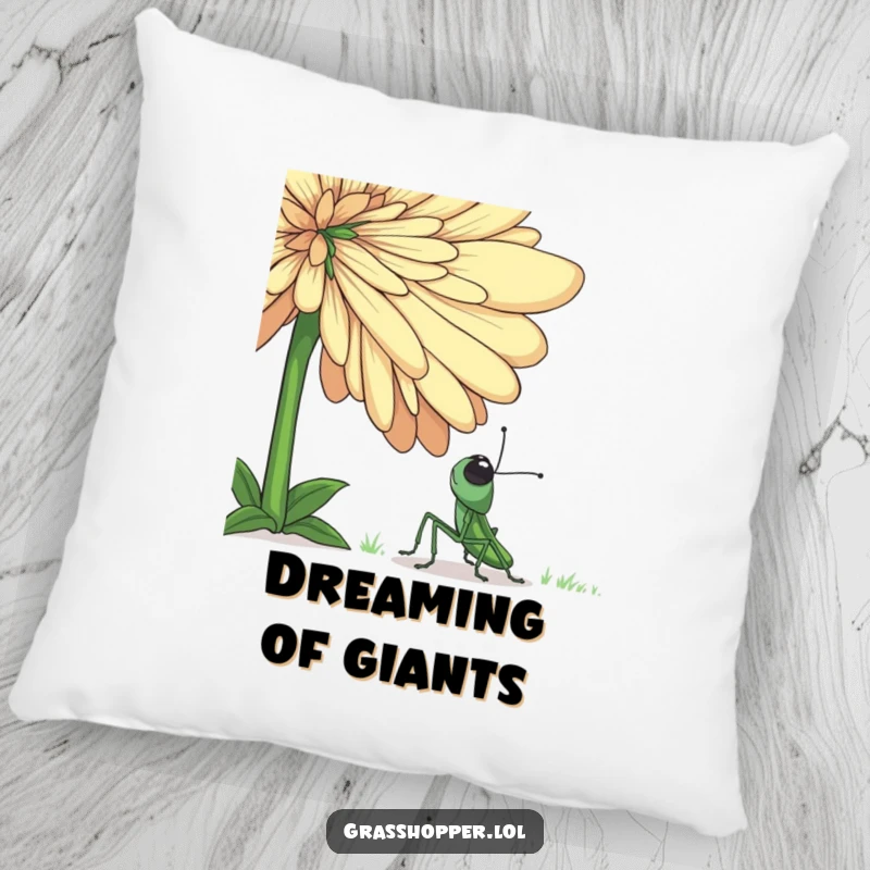 Funny grasshopper pillow featuring a small insect looking up with wide eyes at an immense flower, creating a comforting and whimsical feel.