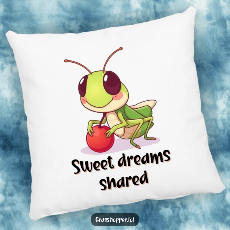 Funny sharing grasshopper pillow, soft and huggable, with a friendly grin offering a berry, bringing comfort and humor, a funny gift.