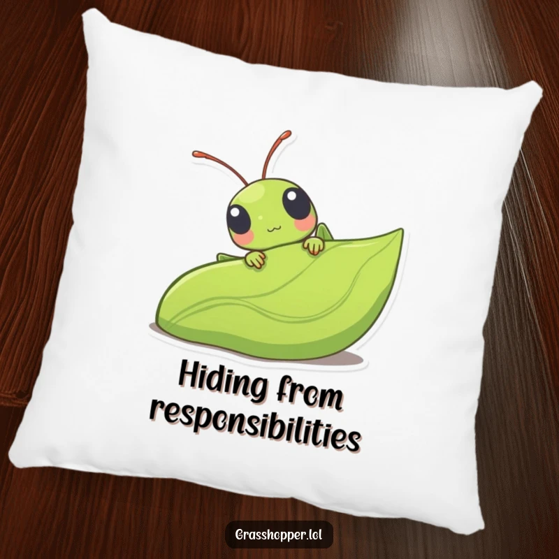 Funny kawaii grasshopper peeking from behind a large leaf, a soft and cute decorative pillow for your couch or bed.