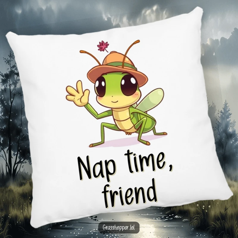 Funny Grasshopper Pillow with a hat-wearing insect waving hello, perfect for comfort and adding a cheerful touch.
