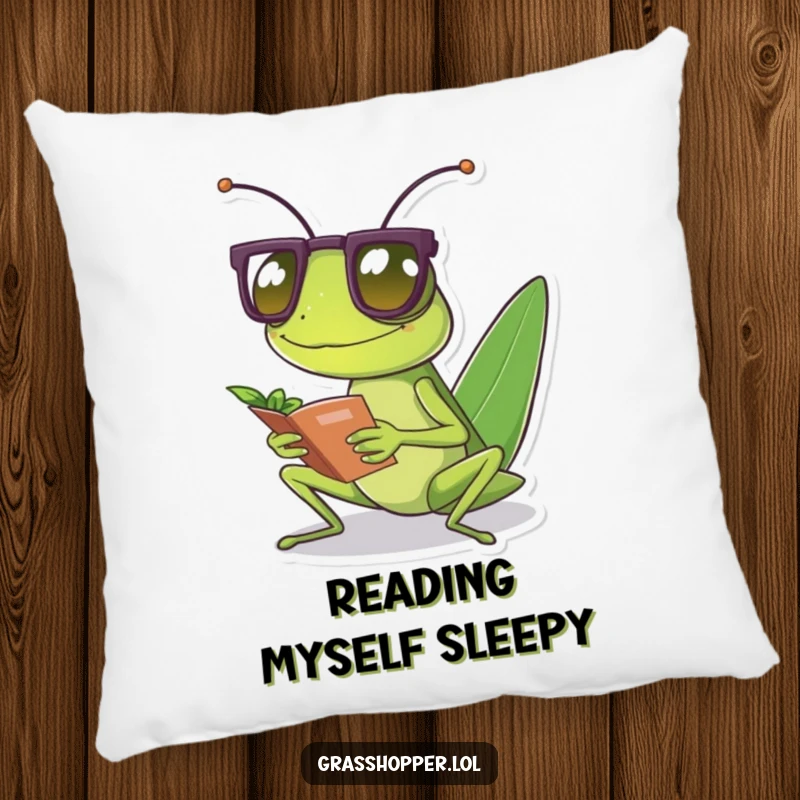 A soft pillow featuring a funny grasshopper wearing tiny spectacles, reading a small leaf.
